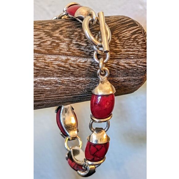 Mexican Red Jasper 925 Sterling Silver Toggle Bracelet - Picture 1 of 11
